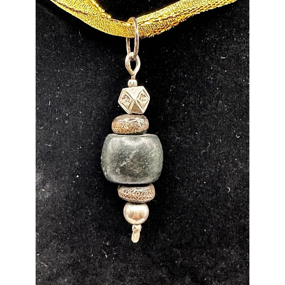Artisan Pendant Mexican Solid Jade Ebony Wood Silver Inlay Tuareg Tribe Jewerly